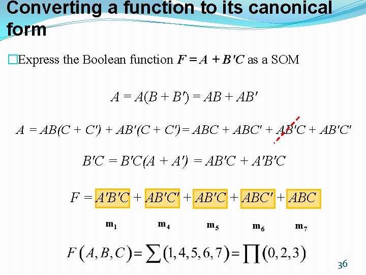 Converting a function to its canonical form �Express the Boolean function F = A Converting a function to its canonical form �Express the Boolean function F = A