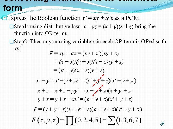Converting a function to its canonical form �Express the Boolean function F = xy Converting a function to its canonical form �Express the Boolean function F = xy
