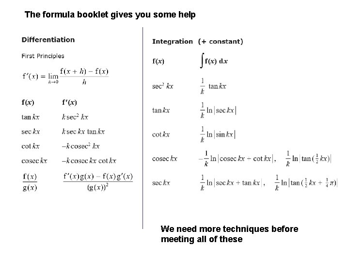 The formula booklet gives you some help We need more techniques before meeting all