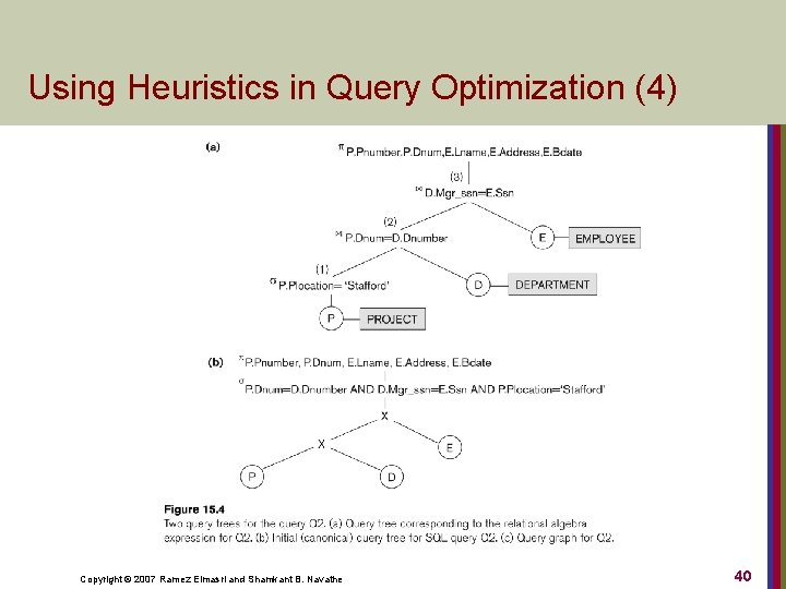 Using Heuristics in Query Optimization (4) Copyright © 2007 Ramez Elmasri and Shamkant B.