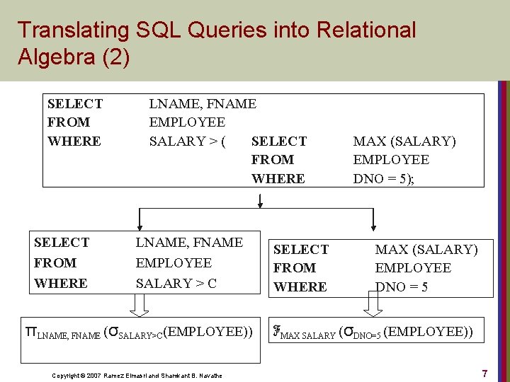 Translating SQL Queries into Relational Algebra (2) SELECT FROM WHERE LNAME, FNAME EMPLOYEE SALARY