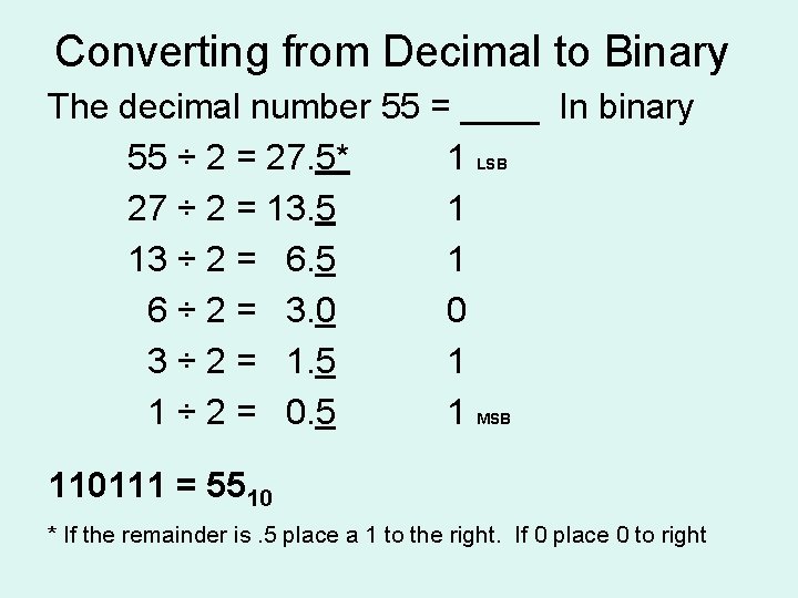 Converting from Decimal to Binary The decimal number 55 = ____ In binary 55