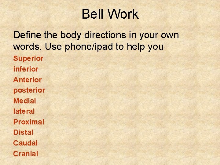 Bell Work Define the body directions in your own words. Use phone/ipad to help