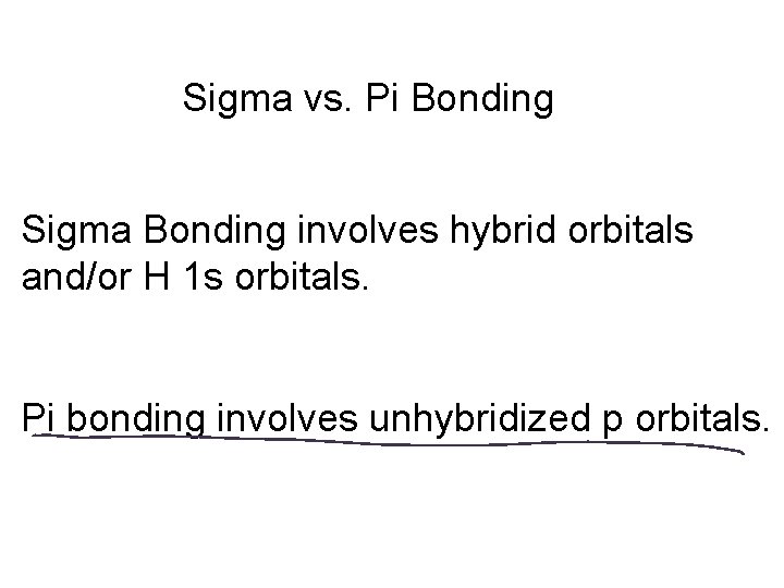 Sigma vs. Pi Bonding Sigma Bonding involves hybrid orbitals and/or H 1 s orbitals.