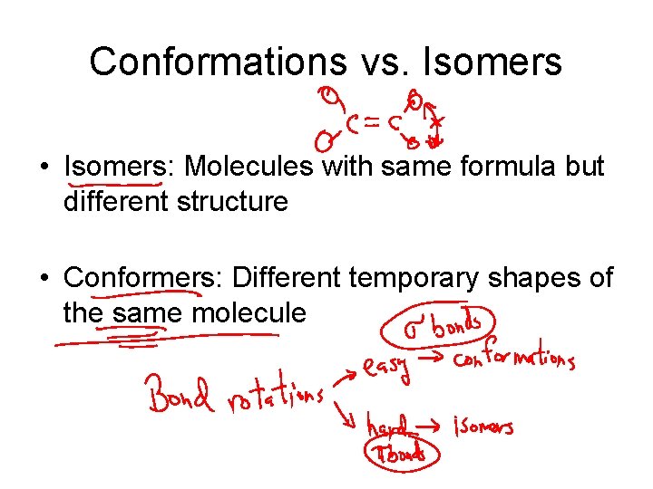 Conformations vs. Isomers • Isomers: Molecules with same formula but different structure • Conformers: