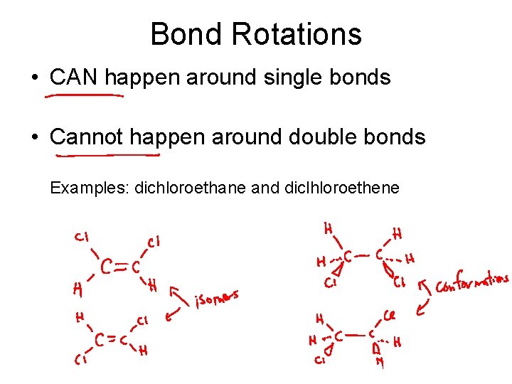 Bond Rotations • CAN happen around single bonds • Cannot happen around double bonds