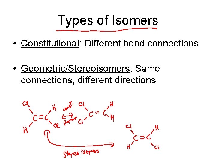 Types of Isomers • Constitutional: Different bond connections • Geometric/Stereoisomers: Same connections, different directions
