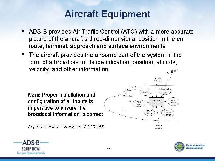 Aircraft Equipment • • ADS-B provides Air Traffic Control (ATC) with a more accurate