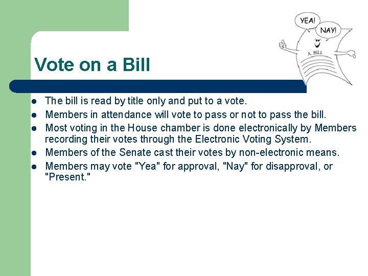 Vote on a Bill l l The bill is read by title only and