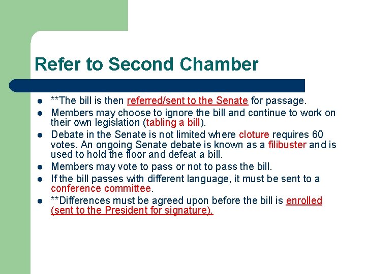 Refer to Second Chamber l l l **The bill is then referred/sent to the