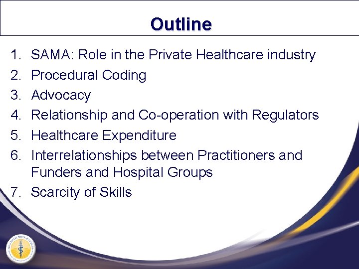 Outline 1. 2. 3. 4. 5. 6. SAMA: Role in the Private Healthcare industry