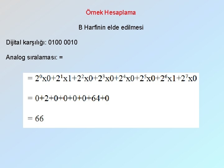 Örnek Hesaplama B Harfinin elde edilmesi Dijital karşılığı: 0100 0010 Analog sıralaması: = 