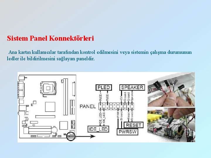 Sistem Panel Konnektörleri Ana kartın kullanıcılar tarafından kontrol edilmesini veya sistemin çalışma durumunun ledler