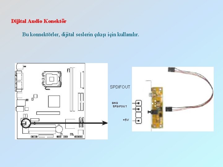 Dijital Audio Konektör Bu konnektörler, dijital seslerin çıkışı için kullanılır. SPDIFOUT GND SPDIFOUT +5