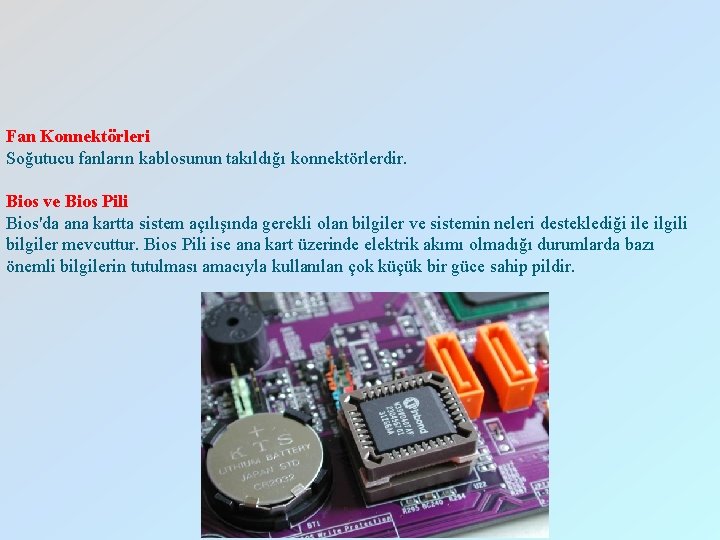 Fan Konnektörleri Soğutucu fanların kablosunun takıldığı konnektörlerdir. Bios ve Bios Pili Bios'da ana kartta