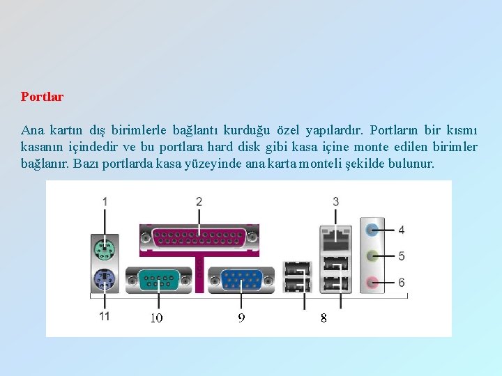 Portlar Ana kartın dış birimlerle bağlantı kurduğu özel yapılardır. Portların bir kısmı kasanın içindedir