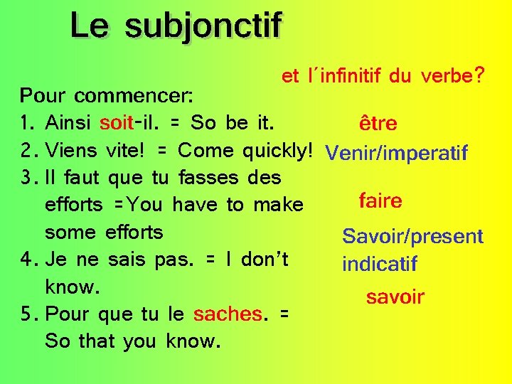 Le subjonctif et l´infinitif du verbe? Pour commencer: 1. Ainsi soit-il. = So be