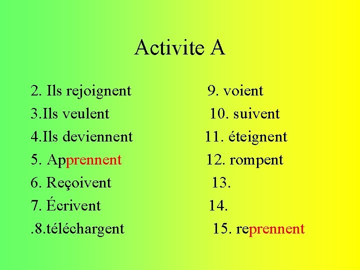 Activite A 2. Ils rejoignent 3. Ils veulent 4. Ils deviennent 5. Apprennent 6.