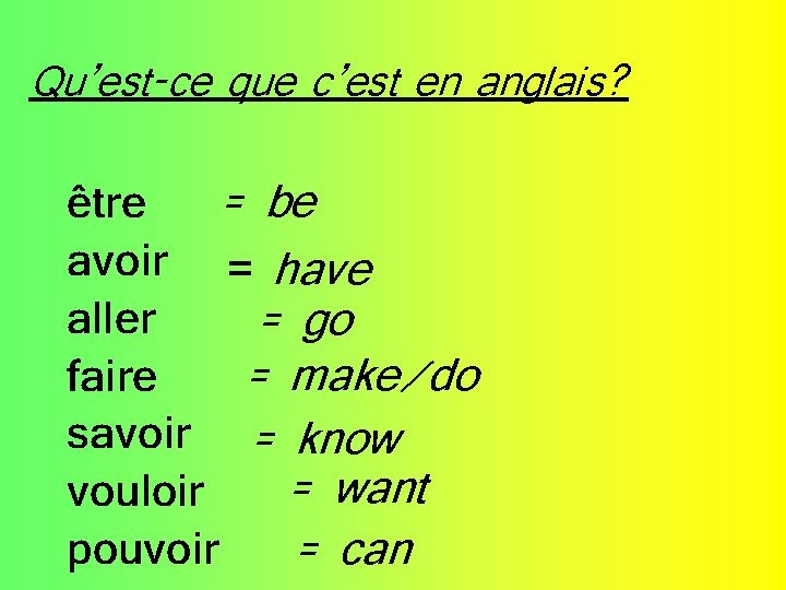 Qu’est-ce que c’est en anglais? être = be avoir = have aller = go