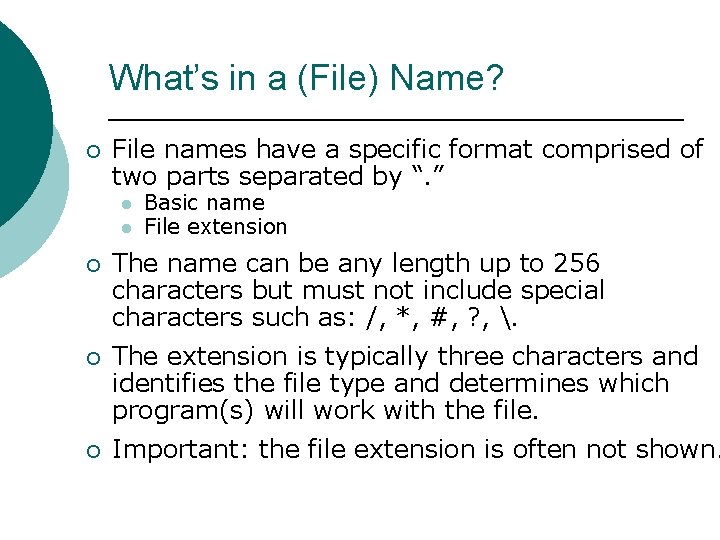 What’s in a (File) Name? ¡ File names have a specific format comprised of