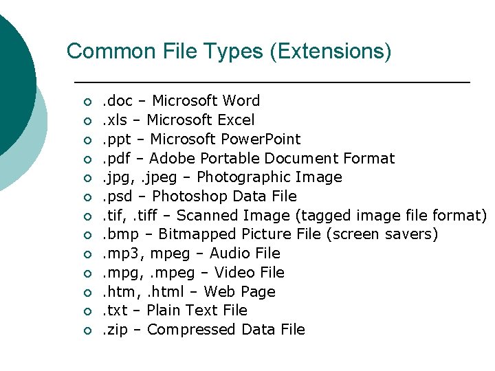 Common File Types (Extensions) ¡ ¡ ¡ ¡ . doc – Microsoft Word. xls