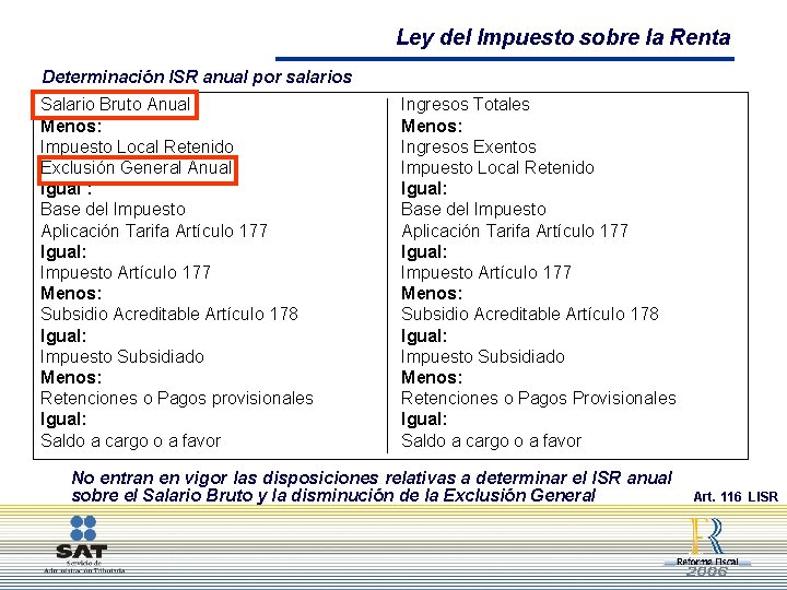 Ley del Impuesto sobre la Renta Determinación ISR anual por salarios Salario Bruto Anual