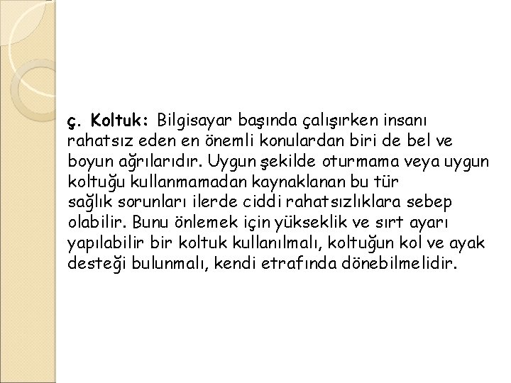 ç. Koltuk: Bilgisayar başında çalışırken insanı rahatsız eden en önemli konulardan biri de bel