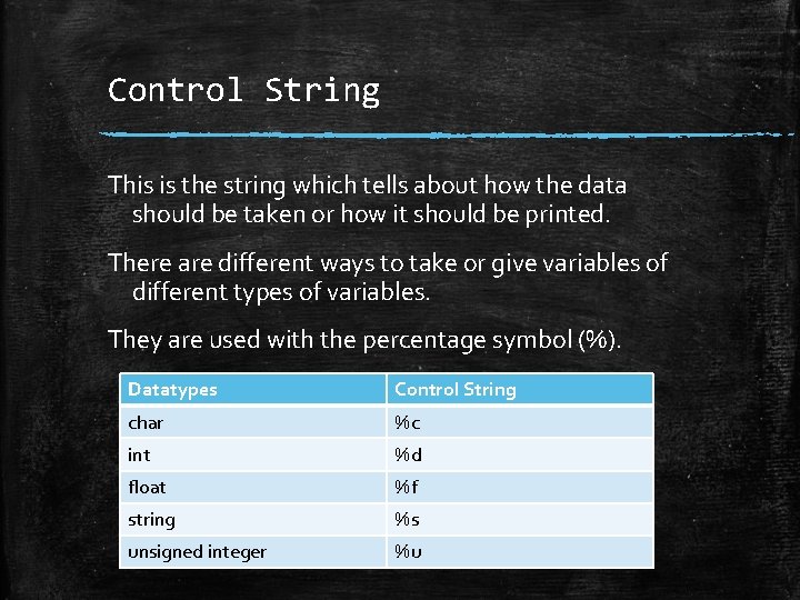 Control String This is the string which tells about how the data should be