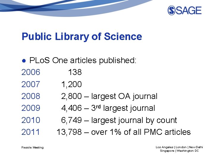 Public Library of Science ● PLo. S One articles published: 2006 138 2007 1,