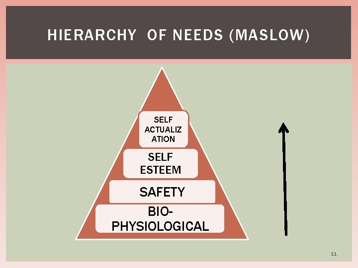 HIERARCHY OF NEEDS (MASLOW) SELF ACTUALIZ ATION SELF ESTEEM SAFETY BIOPHYSIOLOGICAL 11 
