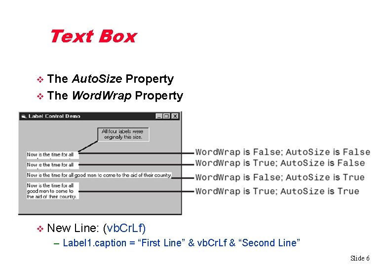 Text Box The Auto. Size Property v The Word. Wrap Property v v New