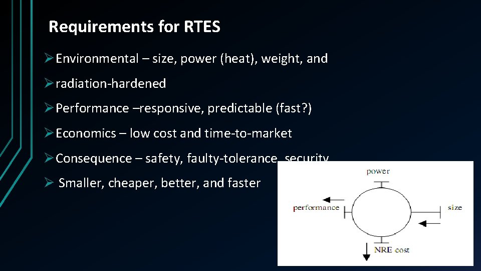 Requirements for RTES Ø Environmental – size, power (heat), weight, and Ø radiation-hardened Ø