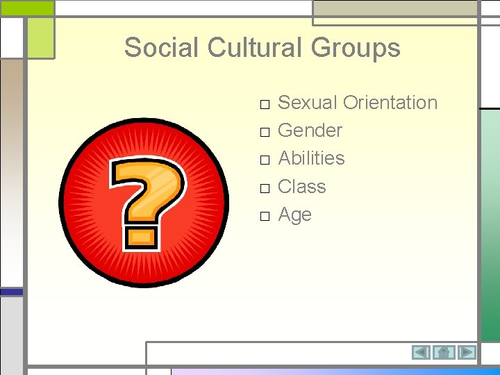 Social Cultural Groups □ □ □ Sexual Orientation Gender Abilities Class Age 