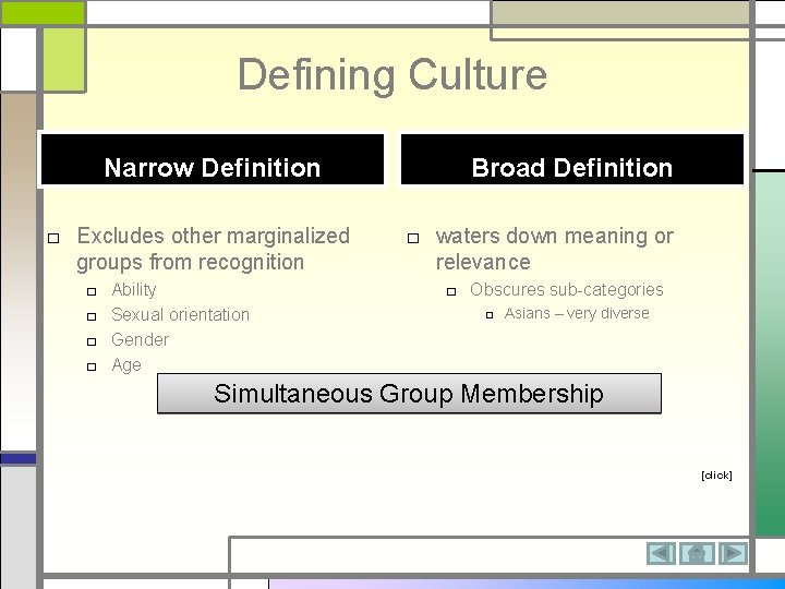 Defining Culture Narrow Definition □ Excludes other marginalized groups from recognition □ □ Ability