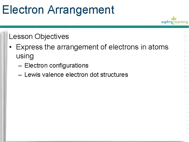 Electron Arrangement Lesson Objectives • Express the arrangement of electrons in atoms using –