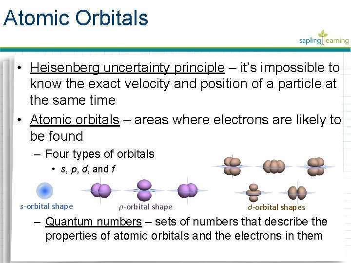 Atomic Orbitals • Heisenberg uncertainty principle – it’s impossible to know the exact velocity