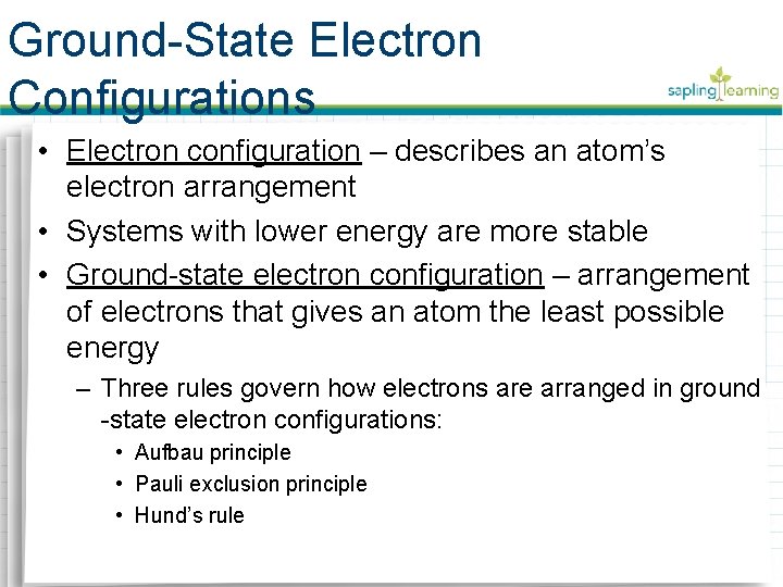 Ground-State Electron Configurations • Electron configuration – describes an atom’s electron arrangement • Systems