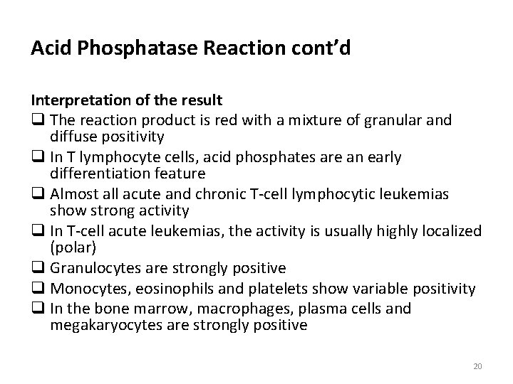 Acid Phosphatase Reaction cont’d Interpretation of the result q The reaction product is red