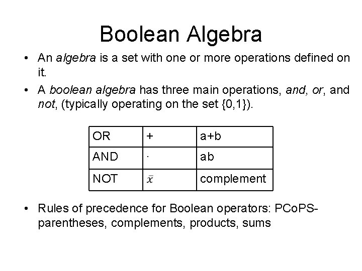 Boolean Algebra • An algebra is a set with one or more operations defined