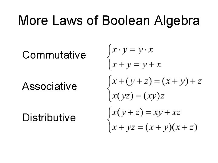 More Laws of Boolean Algebra Commutative Associative Distributive 