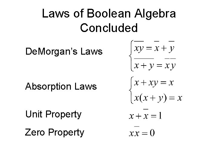 Laws of Boolean Algebra Concluded De. Morgan’s Laws Absorption Laws Unit Property Zero Property