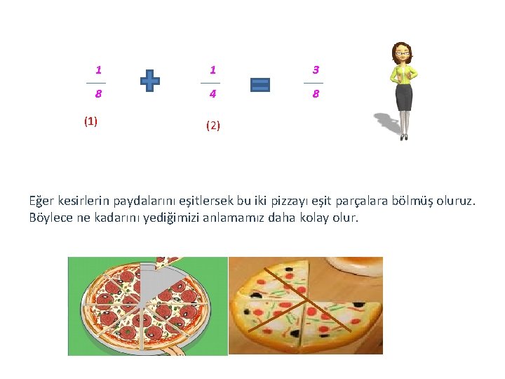 1 1 3 8 4 8 (1) (2) Eğer kesirlerin paydalarını eşitlersek bu iki