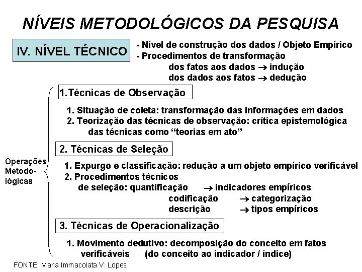 NÍVEIS METODOLÓGICOS DA PESQUISA IV. NÍVEL TÉCNICO - Nível de construção dos dados /