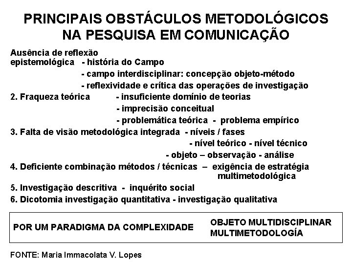 PRINCIPAIS OBSTÁCULOS METODOLÓGICOS NA PESQUISA EM COMUNICAÇÃO Ausência de reflexão epistemológica - história do