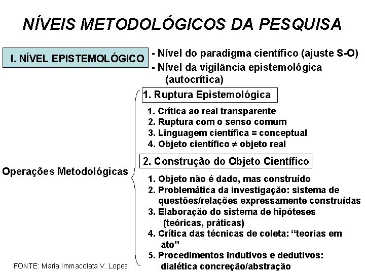 NÍVEIS METODOLÓGICOS DA PESQUISA - Nível do paradigma científico (ajuste S-O) - Nível da