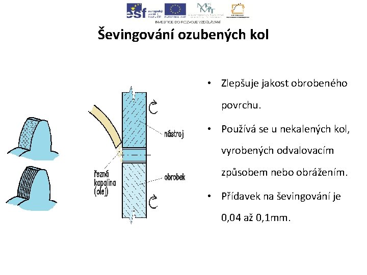 Ševingování ozubených kol • Zlepšuje jakost obrobeného povrchu. • Používá se u nekalených kol, Ševingování ozubených kol • Zlepšuje jakost obrobeného povrchu. • Používá se u nekalených kol,