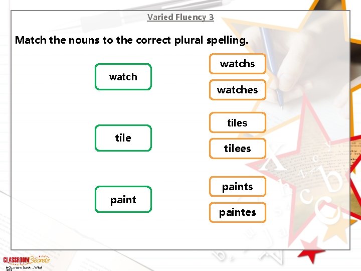 Varied Fluency 3 Match the nouns to the correct plural spelling. watchs watches tile