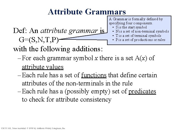 Attribute Grammars A Grammar is formally defined by specifying four components. • S is