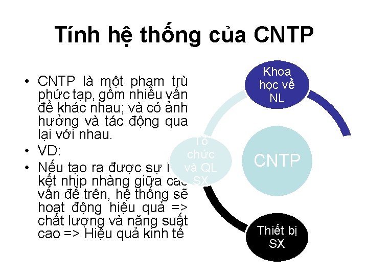 Tính hệ thống của CNTP • CNTP là một phạm trù phức tạp, gồm