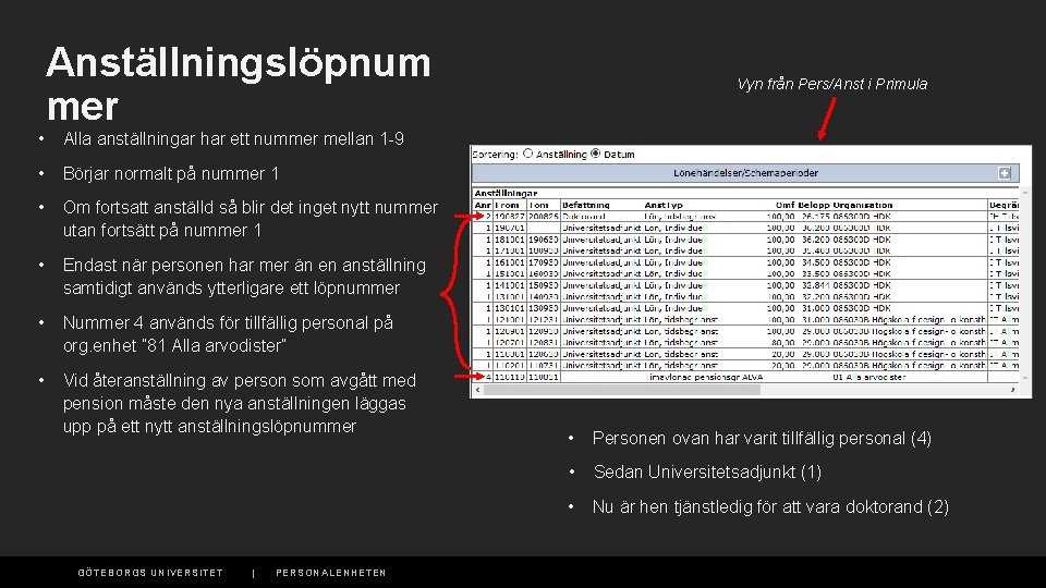  • Anställningslöpnum mer Vyn från Pers/Anst i Primula Alla anställningar har ett nummer